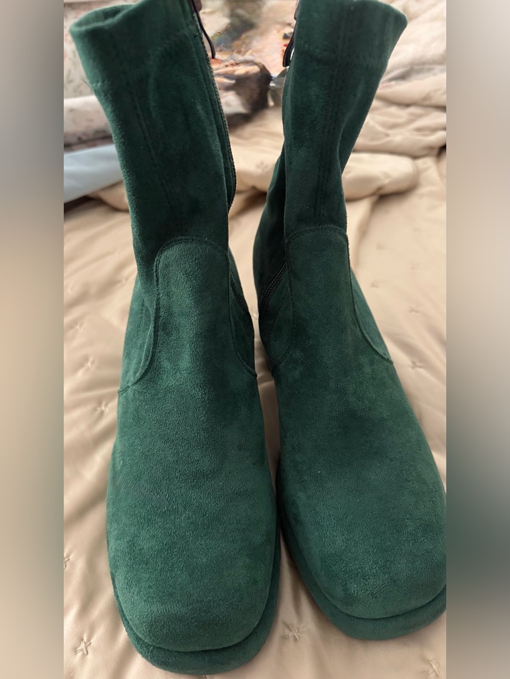 Dark Green Suede Mid-Calf Heeled Boots